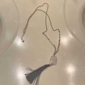 Gray Tassel Necklace with Long Chain and Bead Accents